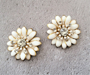 CLIP ON Off White Flower Stud Earrings, with diamante lightweight 3 cm
