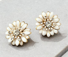 Load image into Gallery viewer, CLIP ON Off White Flower Stud Earrings, with diamante lightweight 3 cm