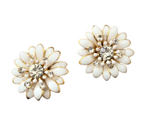 Load image into Gallery viewer, CLIP ON Off White Flower Stud Earrings, with diamante lightweight 3 cm