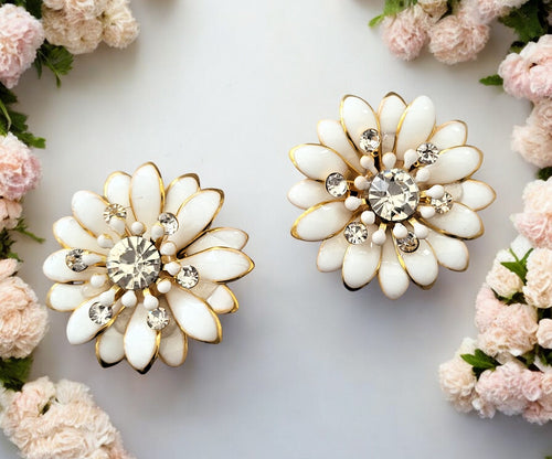 CLIP ON Off White Flower Stud Earrings, with diamante lightweight 3 cm