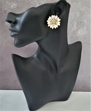Load image into Gallery viewer, CLIP ON Off White Flower Stud Earrings, with diamante lightweight 3 cm