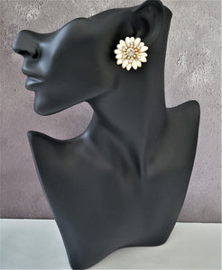 CLIP ON Off White Flower Stud Earrings, with diamante lightweight 3 cm