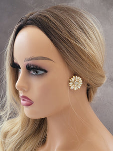 CLIP ON Off White Flower Stud Earrings, with diamante lightweight 3 cm