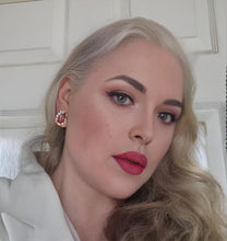 Load image into Gallery viewer, Clip-On Pink Rhinestone Diamante Earrings – Pearl Cluster, Gold Tone, Vintage-Inspired, Pierced Option Available (Copy)