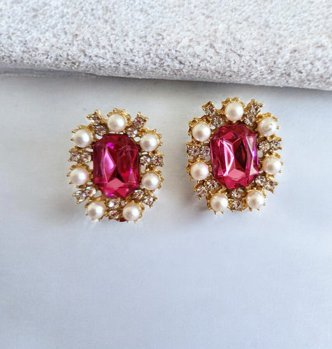 Clip-On Pink Rhinestone Diamante Earrings – Pearl Cluster, Gold Tone, Vintage-Inspired, Pierced Option Available (Copy)
