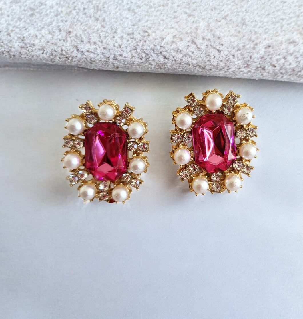 Clip-On Pink Rhinestone Diamante Earrings – Pearl Cluster, Gold Tone, Vintage-Inspired, Pierced Option Available (Copy)