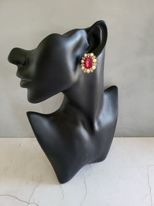 Clip-On Pink Rhinestone Diamante Earrings – Pearl Cluster, Gold Tone, Vintage-Inspired, Pierced Option Available (Copy)