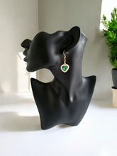 Load image into Gallery viewer, Clip-On Diamante Green Heart Stud Earrings with Pearl Cluster – 4.5cm Drop