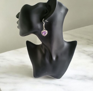 Clip-On Diamante Lilac Heart Stud Earrings Cluster – 4 cm Drop (Pierced option)