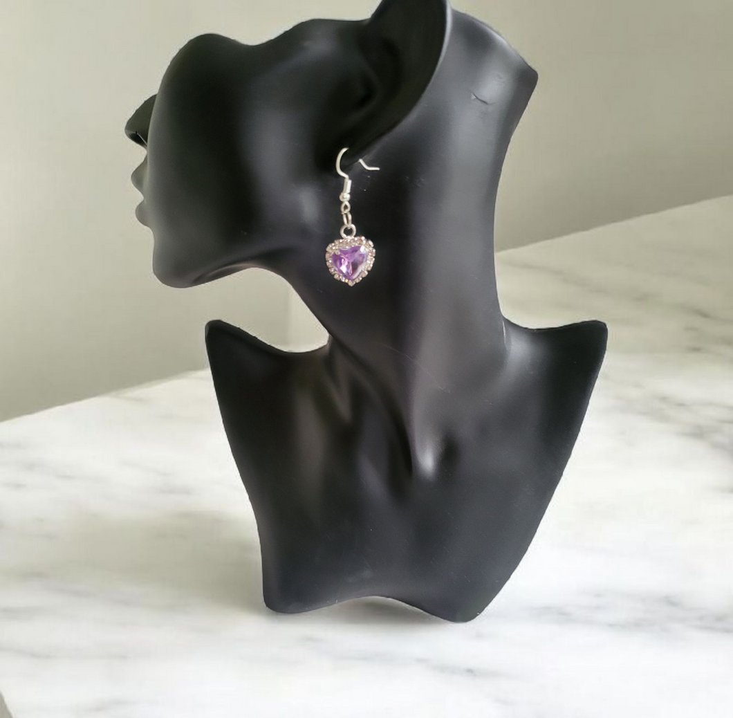 Clip-On Diamante Lilac Heart Stud Earrings Cluster – 4 cm Drop (Pierced option)