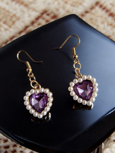 Clip-On Diamante Lilac Heart Stud Earrings with Pearl Cluster – 4.5cm Drop