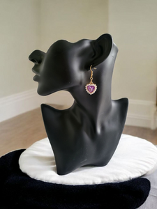 Clip-On Diamante Lilac Heart Stud Earrings with Pearl Cluster – 4.5cm Drop