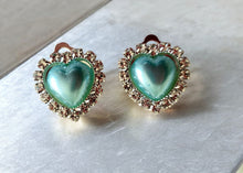 Load image into Gallery viewer, Clip-On Diamante Mint Green Heart Stud Earrings with Pearl Cluster – 2cm Drop