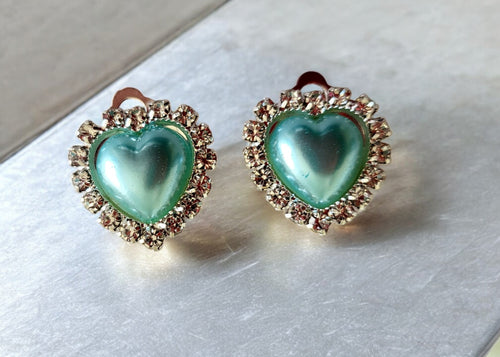 Clip-On Diamante Mint Green Heart Stud Earrings with Pearl Cluster – 2cm Drop