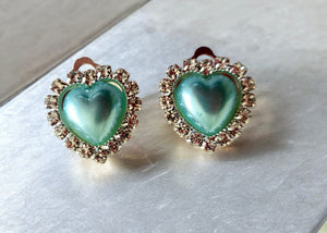 Clip-On Diamante Mint Green Heart Stud Earrings with Pearl Cluster – 2cm Drop