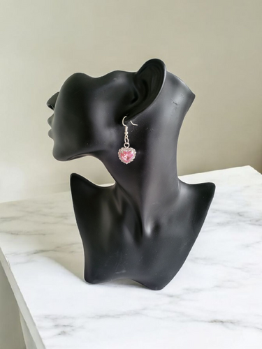 Clip-On Diamante Pink Heart Stud Earrings Cluster – 4 cm Drop