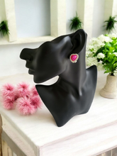 Load image into Gallery viewer, Clip-On Diamante Pink Heart Stud Earrings with Pearl Cluster – 2cm Drop