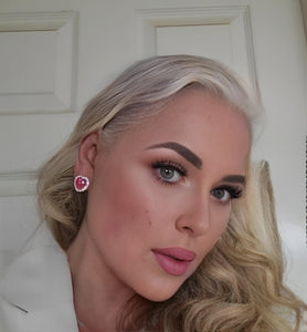 Clip-On Diamante Pink Heart Stud Earrings with Pearl Cluster – 2cm Drop