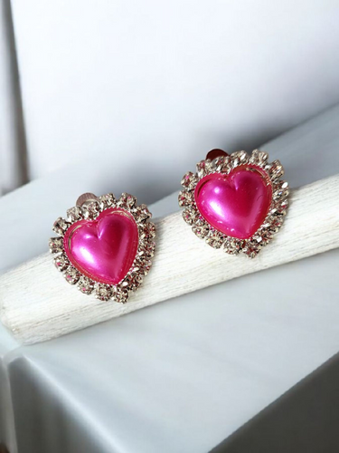 Clip-On Diamante Pink Heart Stud Earrings with Pearl Cluster – 2cm Drop