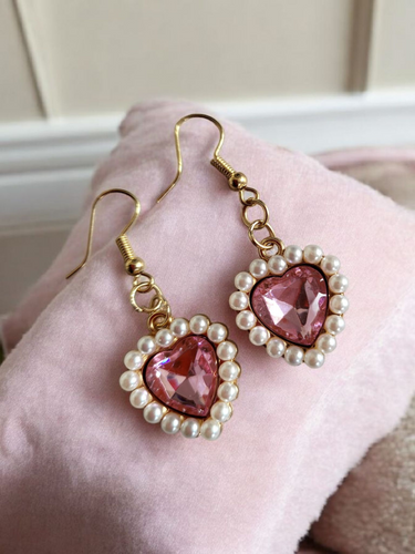 Clip-On Diamante Pink Heart Stud Earrings with Pearl Cluster – 4.5cm Drop