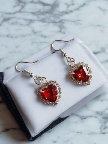 Clip-On Diamante Red Heart Stud Earrings Cluster – 4 cm Drop