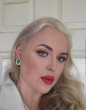 Load image into Gallery viewer, Clip-On Green Rhinestone Diamante Earrings – Pearl Cluster, Gold Tone, Vintage-Inspired, Pierced Option Available