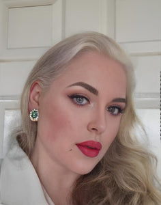 Clip-On Green Rhinestone Diamante Earrings – Pearl Cluster, Gold Tone, Vintage-Inspired, Pierced Option Available