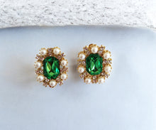 Load image into Gallery viewer, Clip-On Green Rhinestone Diamante Earrings – Pearl Cluster, Gold Tone, Vintage-Inspired, Pierced Option Available