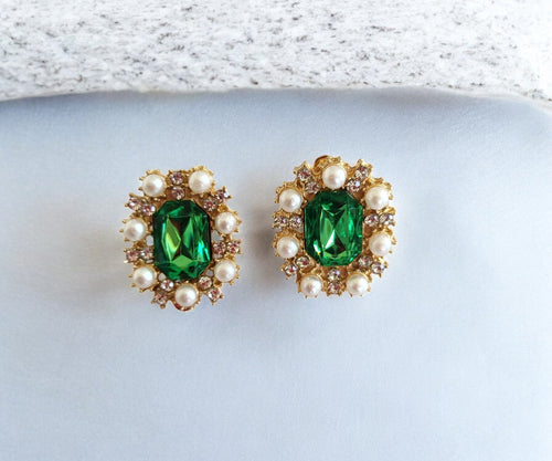 Clip-On Green Rhinestone Diamante Earrings – Pearl Cluster, Gold Tone, Vintage-Inspired, Pierced Option Available