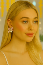 Load image into Gallery viewer, Clip-On Pink Satin Bow Earrings with Diamante Sparkle and Pearl Beads – Elegant Bridal or Occasion Jewellery