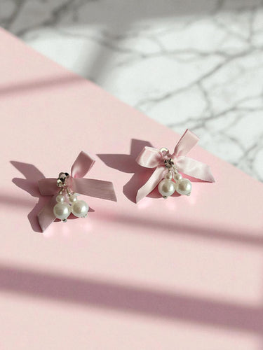 Clip-On Pink Satin Bow Earrings with Diamante Sparkle and Pearl Beads – Elegant Bridal or Occasion Jewellery