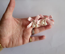Load image into Gallery viewer, Clip-On Pink Satin Bow Earrings with Diamante Sparkle and Pearl Beads – Elegant Bridal or Occasion Jewellery