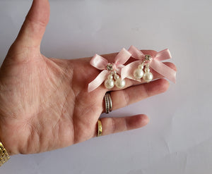 Clip-On Pink Satin Bow Earrings with Diamante Sparkle and Pearl Beads – Elegant Bridal or Occasion Jewellery
