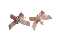 Load image into Gallery viewer, Clip-On Pink Satin Bow Earrings with Diamante Sparkle and Pearl Beads – Elegant Bridal or Occasion Jewellery
