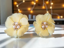 Load image into Gallery viewer, Clip-On Yellow Flower Earrings with Pearl Beads and Rhinestone – Fabric Floral Statement, 6cm