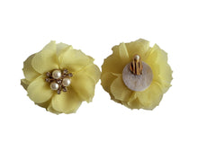 Load image into Gallery viewer, Clip-On Yellow Flower Earrings with Pearl Beads and Rhinestone – Fabric Floral Statement, 6cm