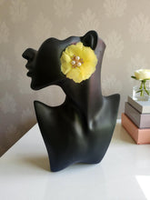 Load image into Gallery viewer, Clip-On Yellow Flower Earrings with Pearl Beads and Rhinestone – Fabric Floral Statement, 6cm
