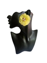 Load image into Gallery viewer, Clip-On Yellow Flower Earrings with Pearl Beads and Rhinestone – Fabric Floral Statement, 6cm