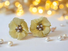Load image into Gallery viewer, Clip-On Yellow Flower Earrings with Pearl Beads and Rhinestone – Fabric Floral Statement, 6cm