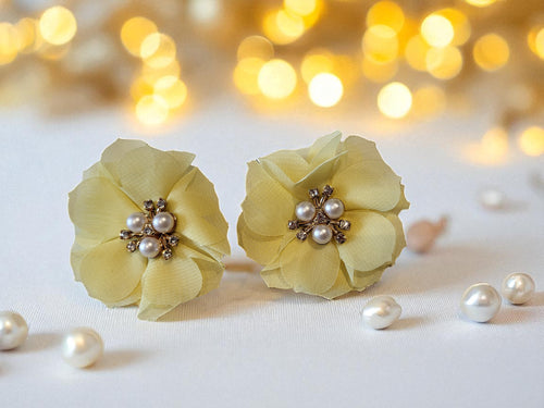 Clip-On Yellow Flower Earrings with Pearl Beads and Rhinestone – Fabric Floral Statement, 6cm
