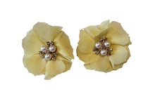 Load image into Gallery viewer, Clip-On Yellow Flower Earrings with Pearl Beads and Rhinestone – Fabric Floral Statement, 6cm