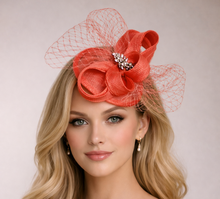 Load image into Gallery viewer, Coral Pink Orange Looped Bow Fascinator — Diamante Brooch &amp; Veiling Hair Clip