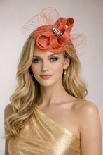 Load image into Gallery viewer, Coral Pink Orange Looped Bow Fascinator — Diamante Brooch &amp; Veiling Hair Clip