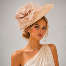 Load image into Gallery viewer, Blush Flower Fascinator – Beige Sinamay Saucer Percher Hat "Daisy"