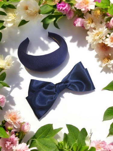 Dark Blue Satin Padded Headband Fascinator, with  Back Bow , optional tails
