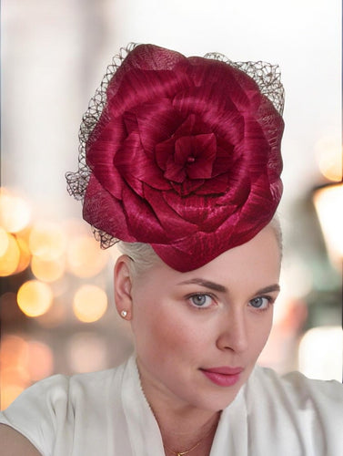 Big Dark Pink Flower Fascinator Headband, Large Silk Flower Headpiece,