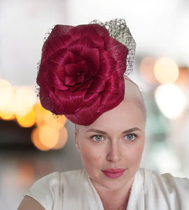 Big Dark Pink Flower Fascinator Headband, Large Silk Flower Headpiece,