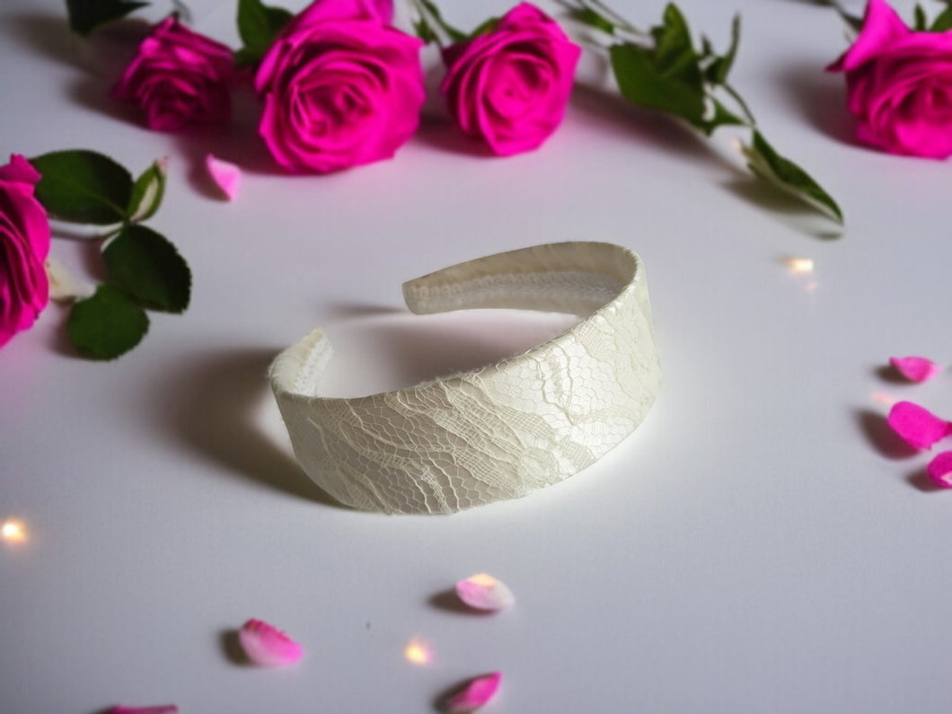 Dark Ivory Silk Satin Lace Headband, Bridal Wedding Headpiece, 4 cm wide