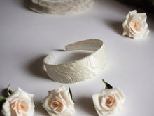 Load image into Gallery viewer, Dark Ivory Silk Satin Lace Headband, Bridal Wedding Headpiece, 4 cm wide