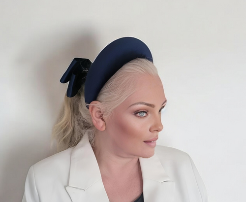 Dark Blue Headband Fascinator with Separate Large Satin Back Bow, 7cms wide headband